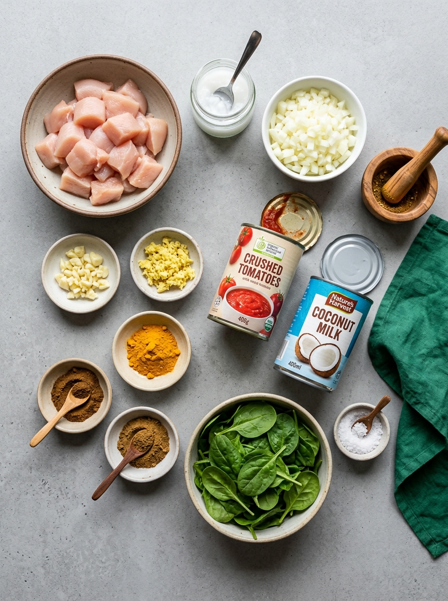ingredients flat lay for coconut chicken curry showing chicken breast cubes, light coconut milk, curry spices, ginger, garlic, and spinach - chicken curry recipe