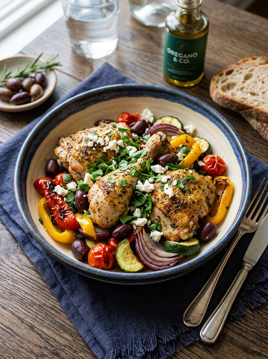plated portion of tender roasted Greek chicken and caramelized Mediterranean vegetables sprinkled with fresh oregano