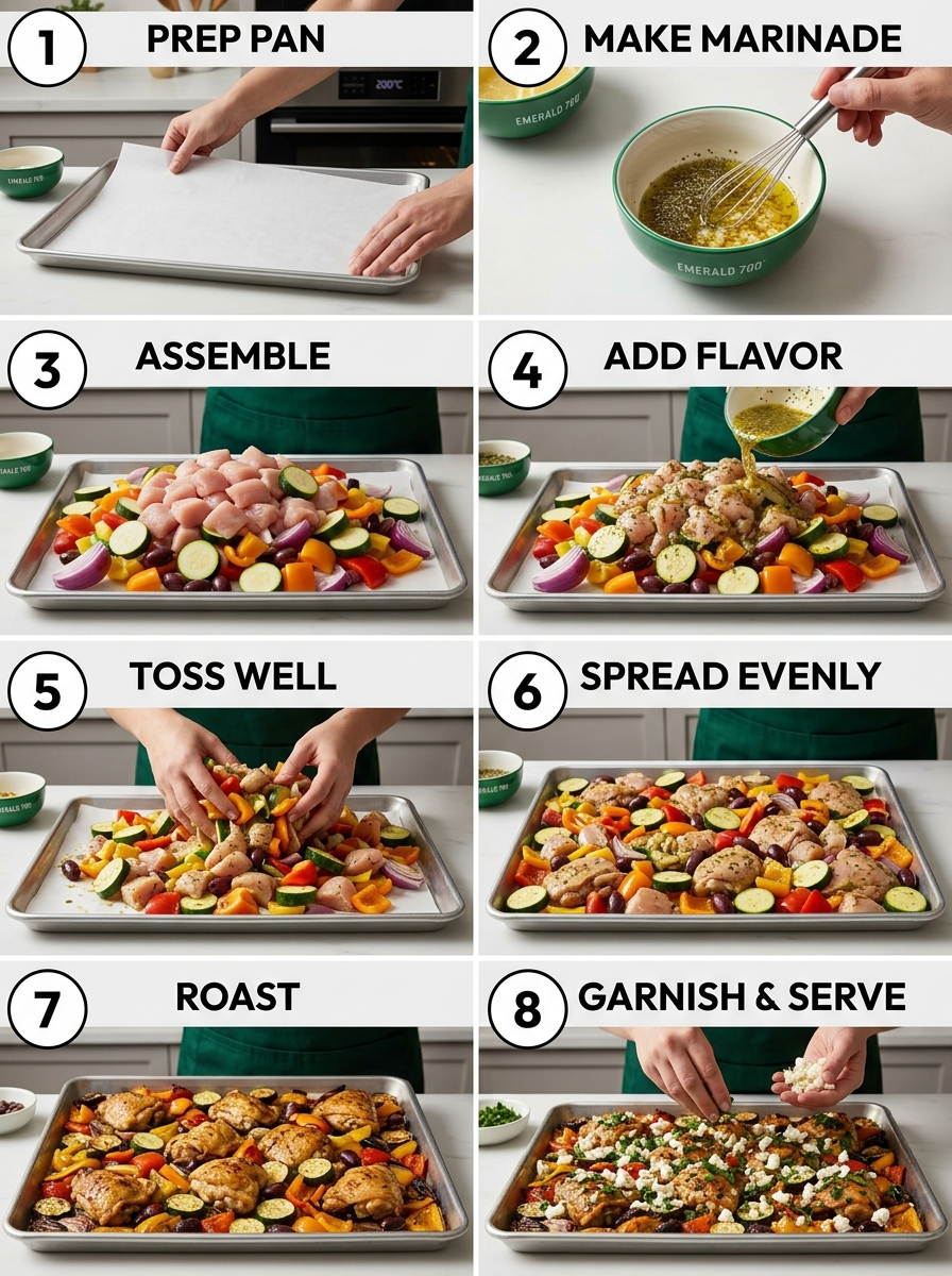 visual step by step cooking guide collage for zesty Greek sheet pan chicken and vegetables