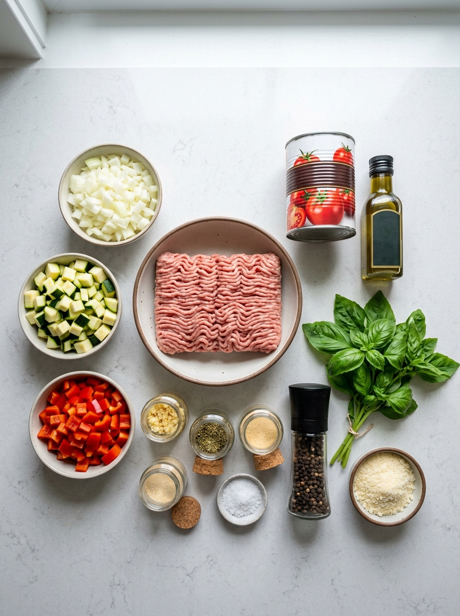 ingredients layout for turkey vegetable skillet showing lean ground turkey, diced zucchini, bell peppers, yellow onion, garlic, no-salt-added crushed tomatoes, and Italian herbs - ONE PAN TURKEY