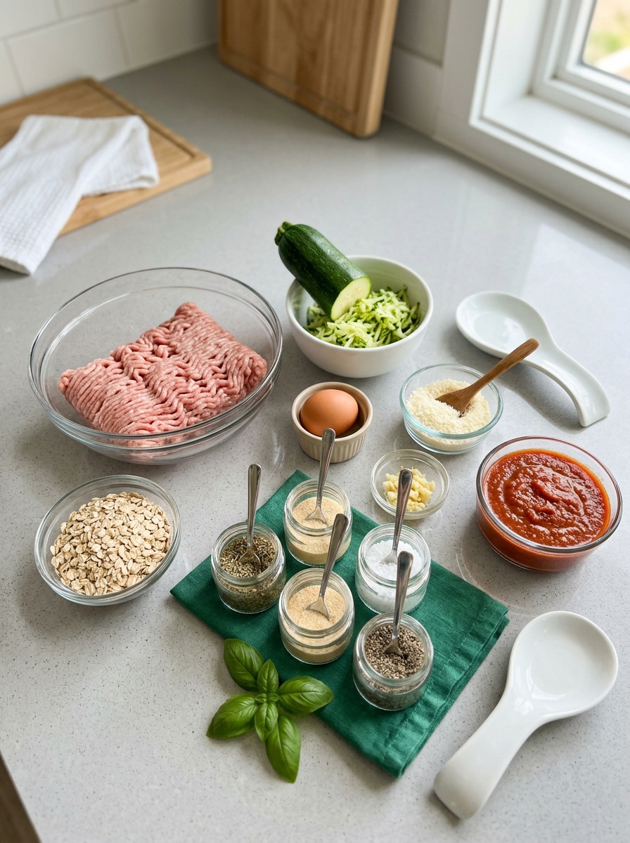 ingredients flat lay for baked turkey meatballs showing lean ground turkey, finely grated zucchini, rolled oats, egg, garlic, onion powder, and Italian seasonings