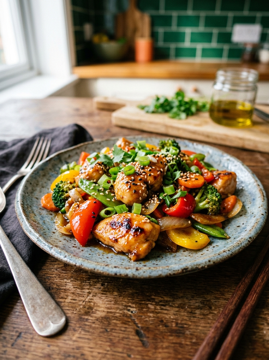 ingredients flat lay for honey garlic chicken stir fry showing sliced chicken breast, broccoli florets, bell peppers, raw honey, low-sodium tamari, minced garlic, and ginger - HEALTHY HONEY GARLIC CHICKEN