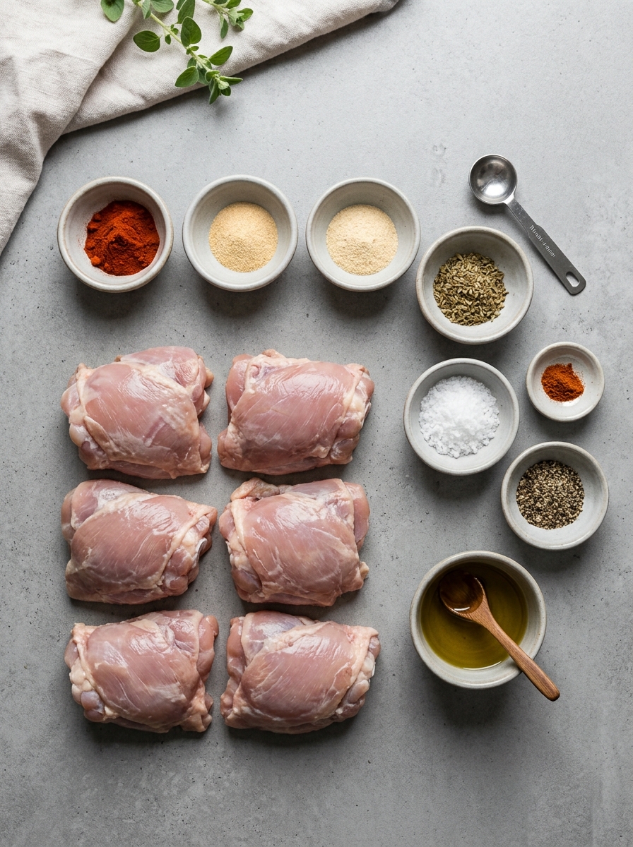 ingredients flat lay for air fryer chicken thighs showing bone-in chicken thighs, olive oil, garlic powder, onion powder, paprika, oregano, and sea salt