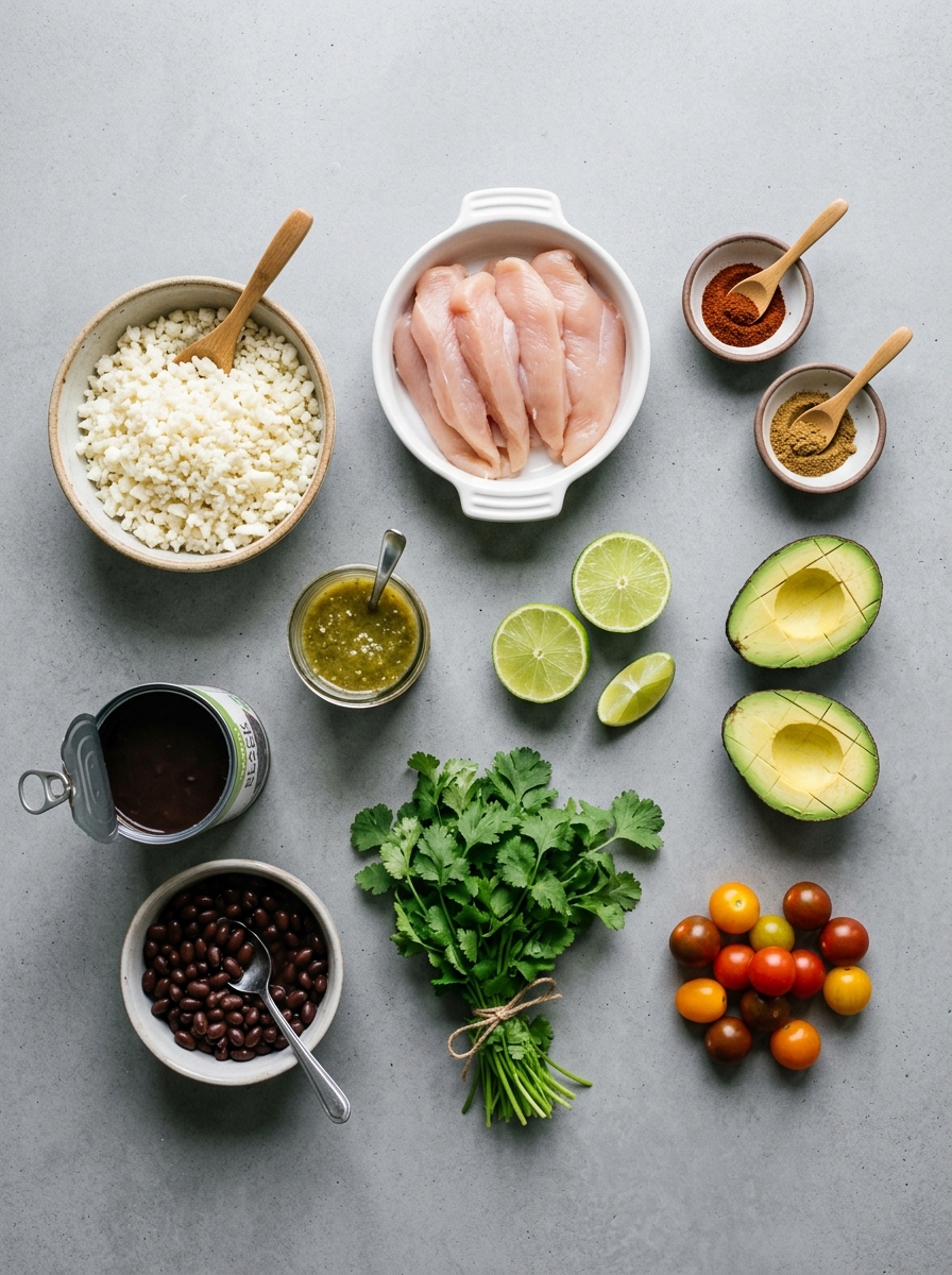 ingredients flat lay for chicken cauliflower rice burrito bowl showing spiced chicken cubes, riced cauliflower, black beans, sweet corn, cherry tomatoes, lime, and avocado - ZESTY CHICKEN CAULIFLOWER