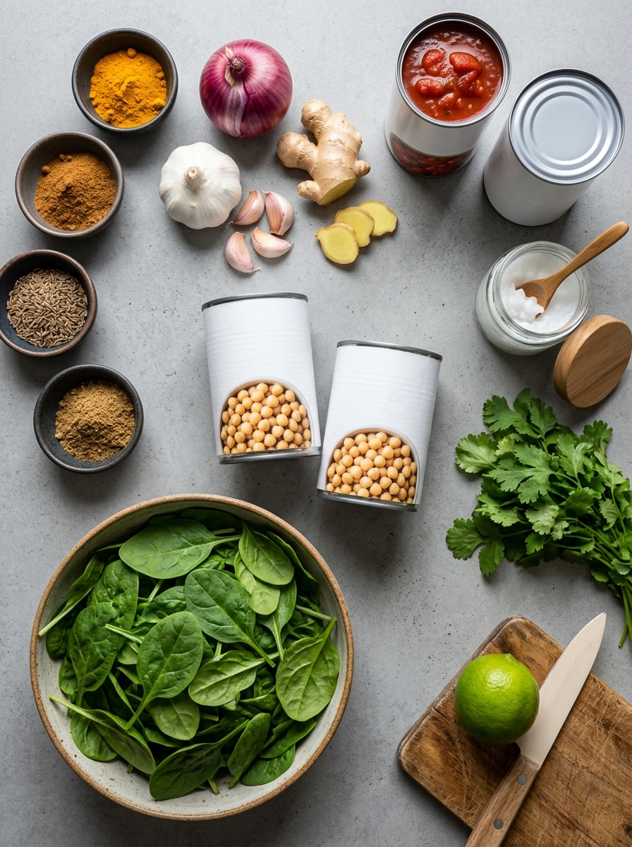ingredients flat lay for vegan chickpea curry showing cooked chickpeas, fresh baby spinach, crushed tomatoes, coconut milk, turmeric, cumin, and garam masala