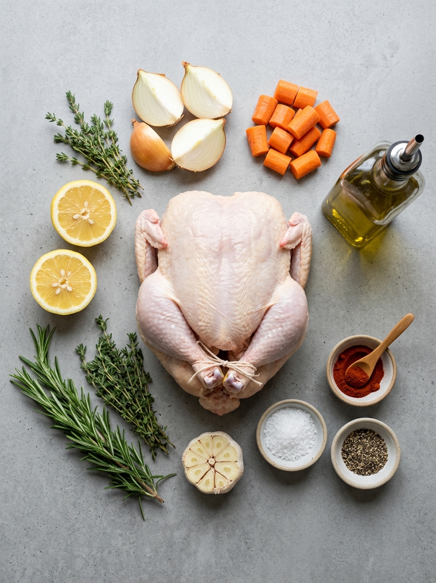 ingredients flat lay for garlic herb whole roast chicken showing whole chicken, fresh rosemary, thyme, garlic heads, lemon, and olive oil - roast chicken recipe
