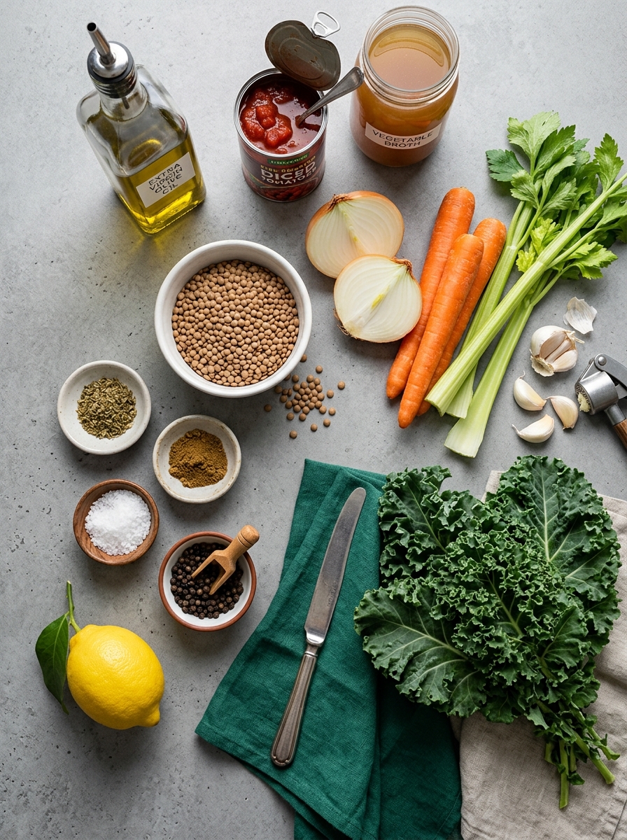 ingredients flat lay for Mediterranean lentil stew showing brown lentils, diced carrots, celery, canned crushed tomatoes, baby spinach, garlic, and herbs