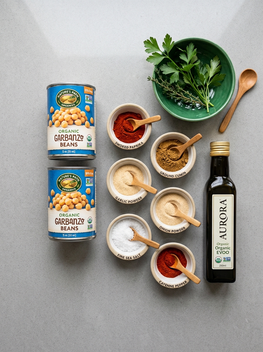 ingredients flat lay for crunchy roasted chickpeas showing cooked chickpeas, extra virgin olive oil, smoked paprika, cumin, garlic powder, and sea salt- healthy snacks