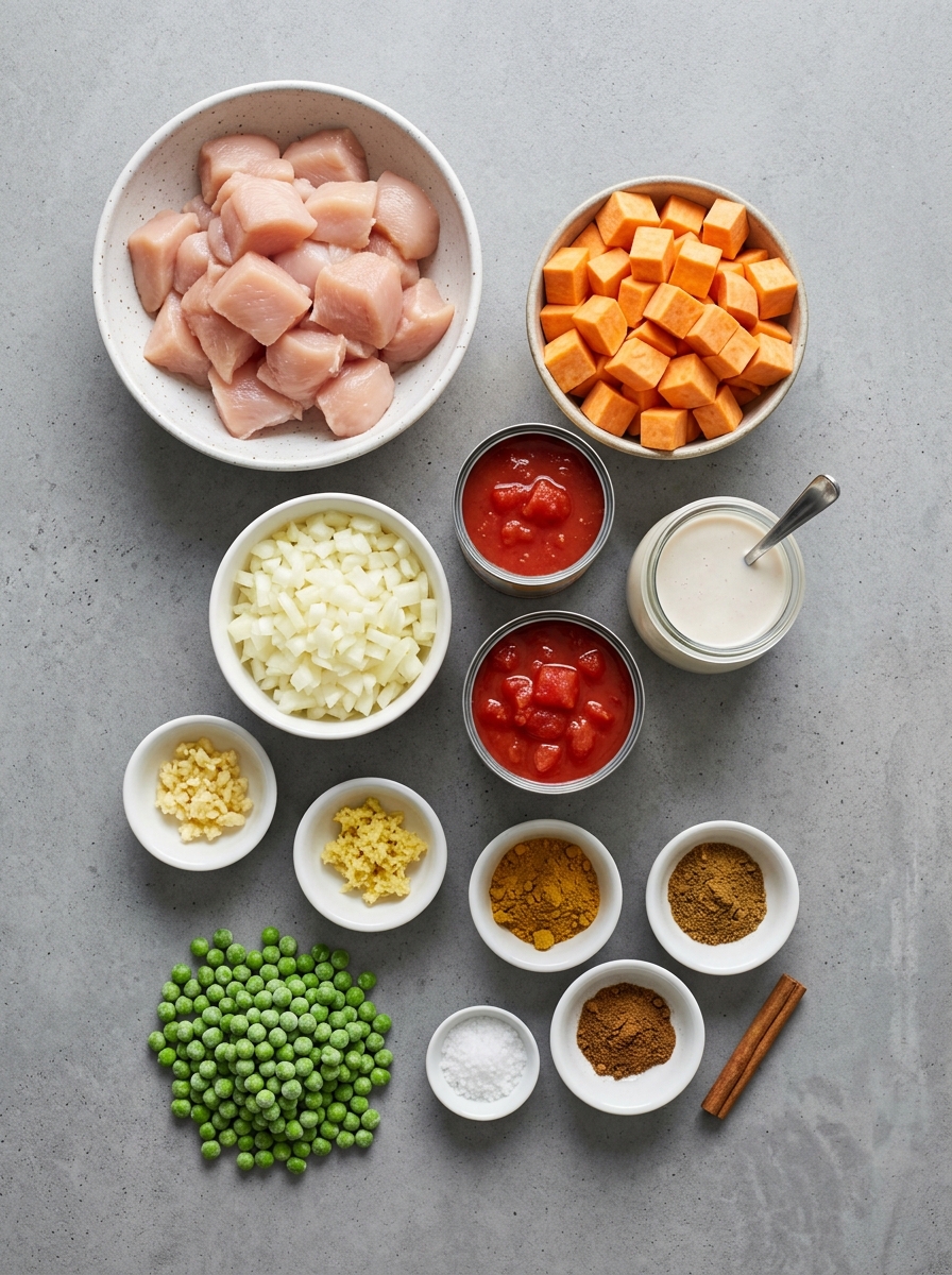 ingredients flat lay for slow cooker chicken curry showing chicken breast pieces, cubed sweet potatoes, light coconut milk, curry powder, ginger, and garlic