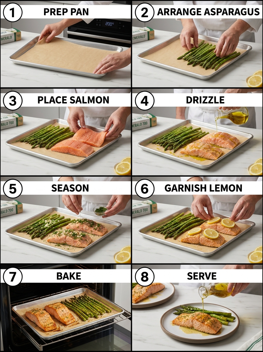 visual step by step cooking guide collage for easy 20-minute baked lemon dill salmon and asparagus