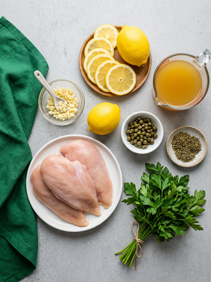 ingredients flat lay for Mediterranean lemon chicken showing chicken cutlets, fresh lemons, garlic cloves, extra virgin olive oil, chicken broth, and oregano - MEDITERRANEAN LEMON HERB CHICKEN