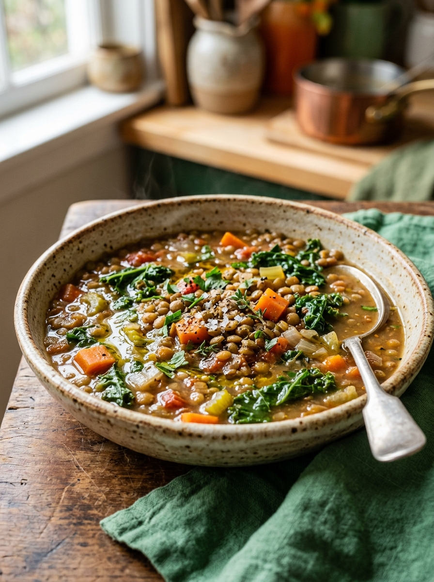 warm ceramic bowl filled with hearty Mediterranean lentil stew garnished with extra virgin olive oil and parsley
