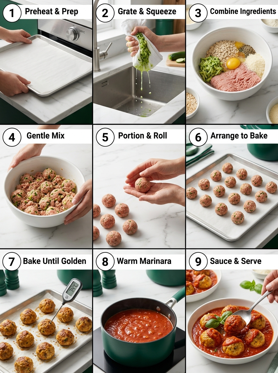 visual step by step cooking guide collage for tender baked turkey zucchini meatballs