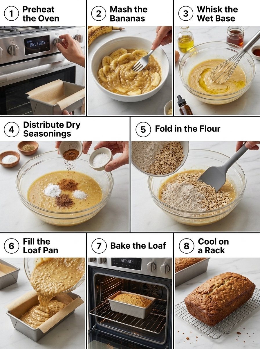 visual step by step cooking guide collage for healthy banana bread recipe