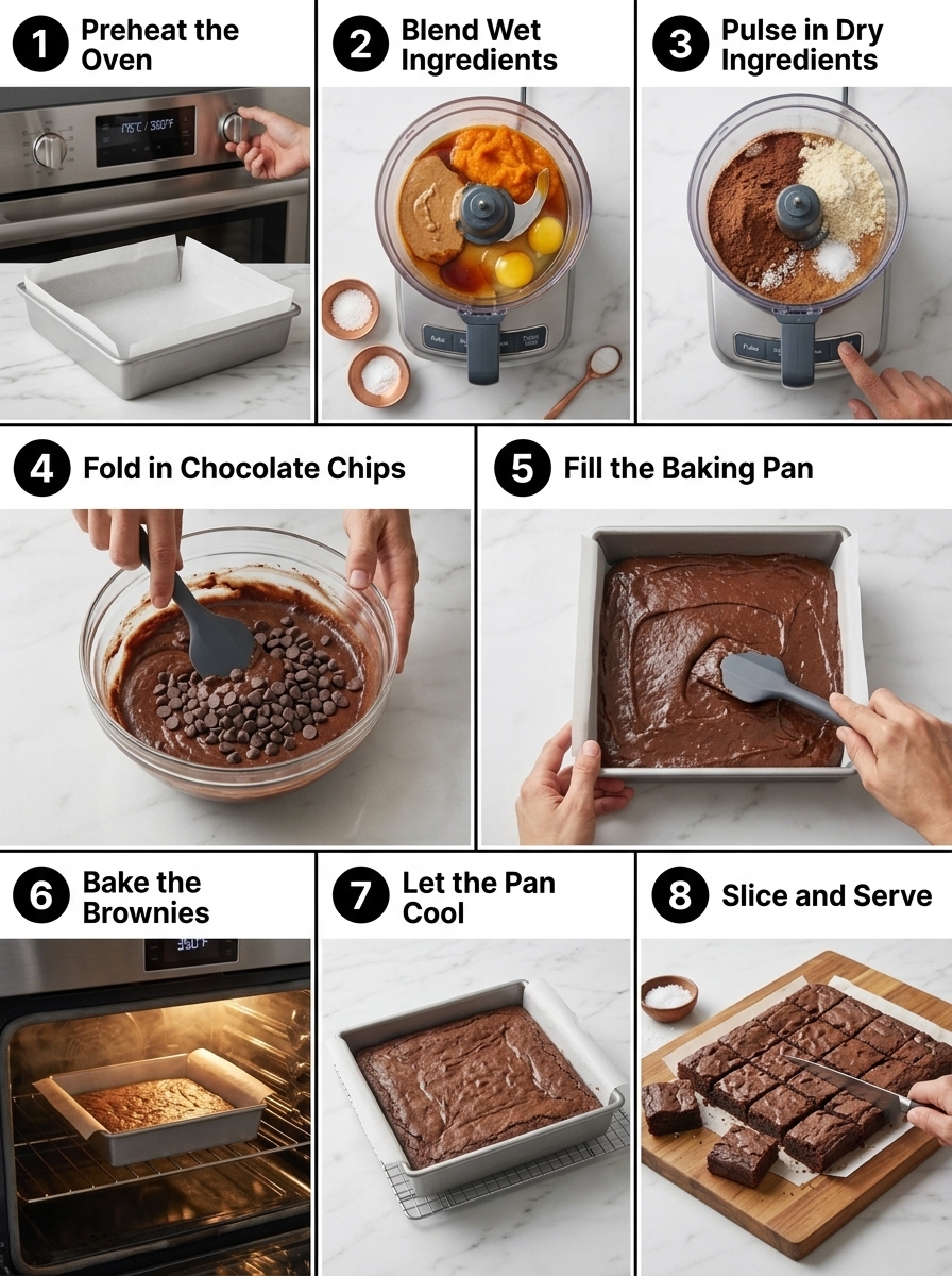 visual step by step cooking guide collage for healthy fudgy sweet potato brownie recipe