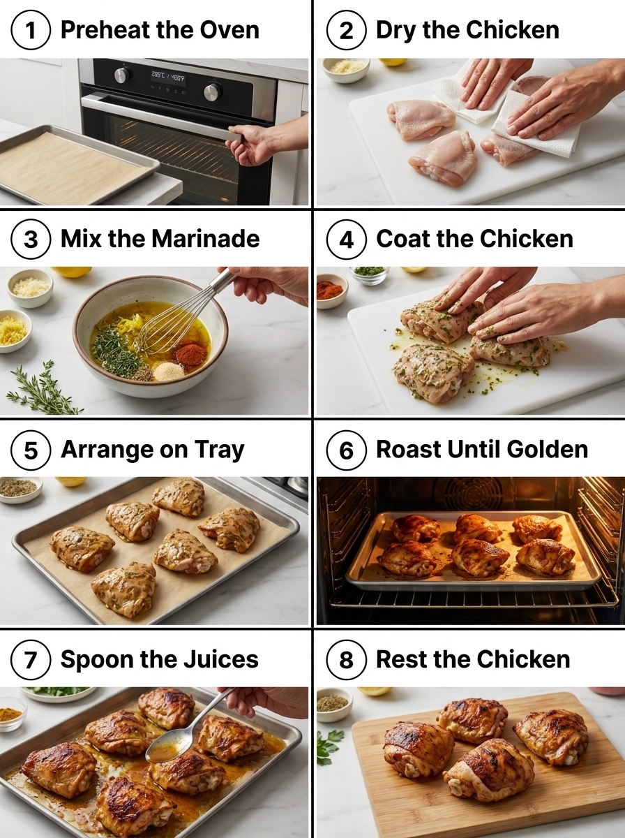 visual step by step cooking guide collage for crispy herb and lemon roasted chicken thighs