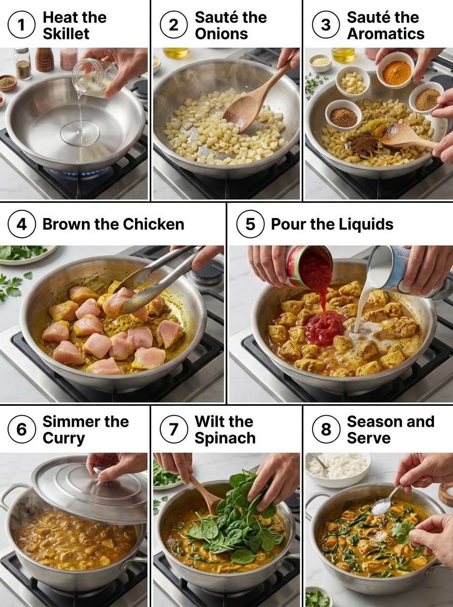 visual step by step cooking guide collage for one-pan golden coconut chicken curry