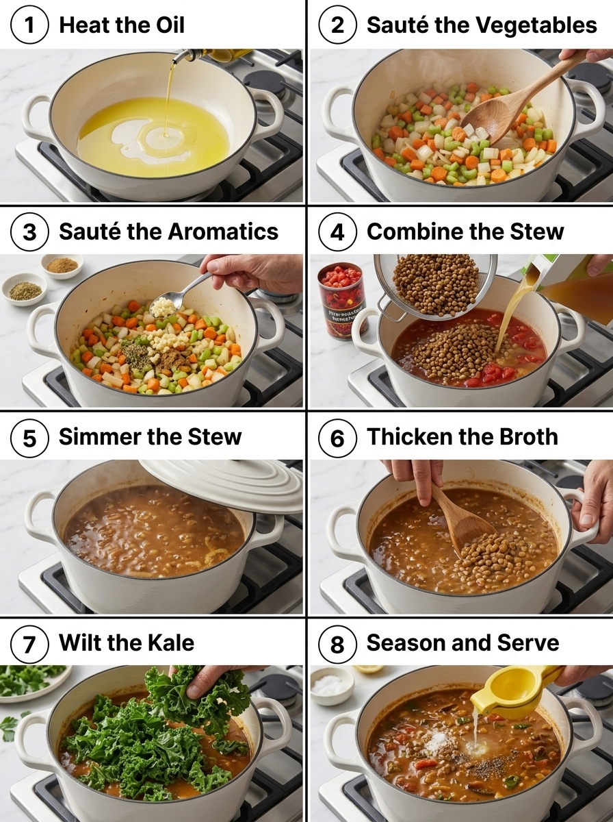 visual step by step cooking guide collage for one-pot hearty Mediterranean lentil vegetable stew