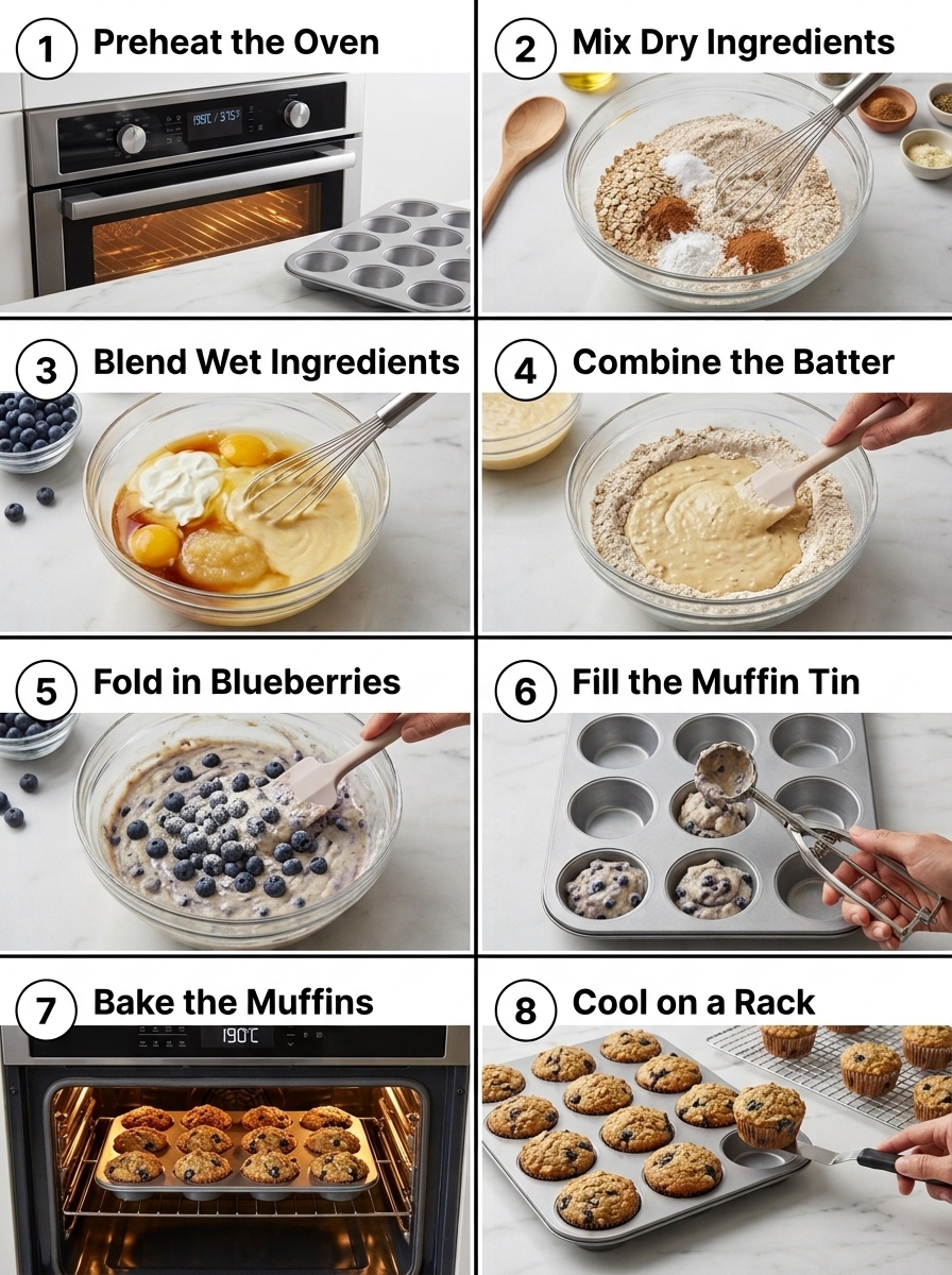 visual step by step cooking guide collage for healthy fluffy oatmeal blueberry muffins