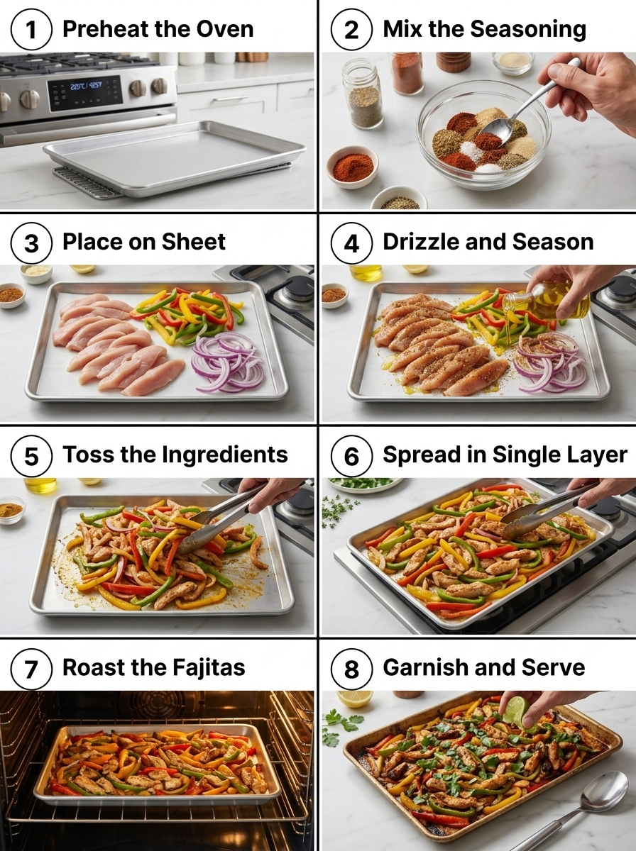 visual step by step cooking guide collage for easy low calorie sheet pan chicken fajitas