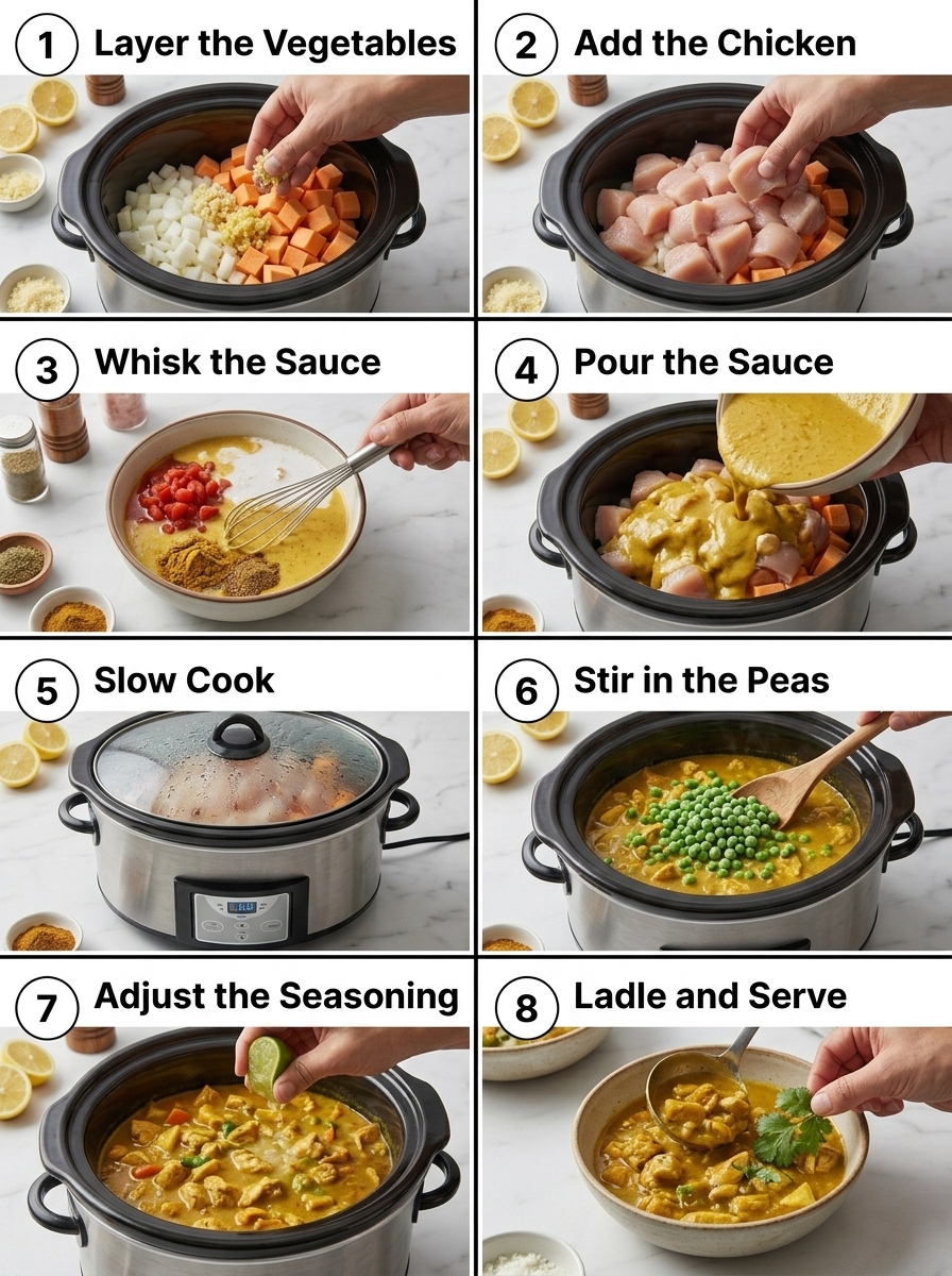 visual step by step cooking guide collage for easy slow cooker chicken sweet potato curry