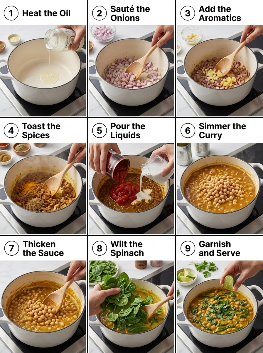 visual step by step cooking guide collage for one-pan creamy chickpea and spinach vegan curry