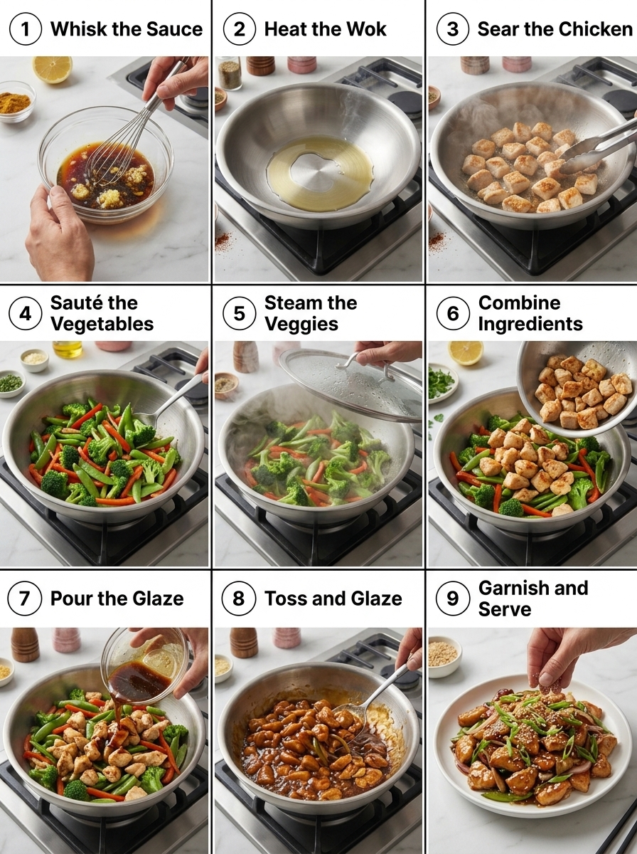 visual step by step cooking guide collage for 20-minute honey garlic chicken stir fry