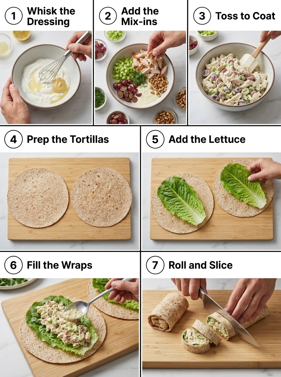 visual step by step cooking guide collage for high protein leftover chicken salad wrap