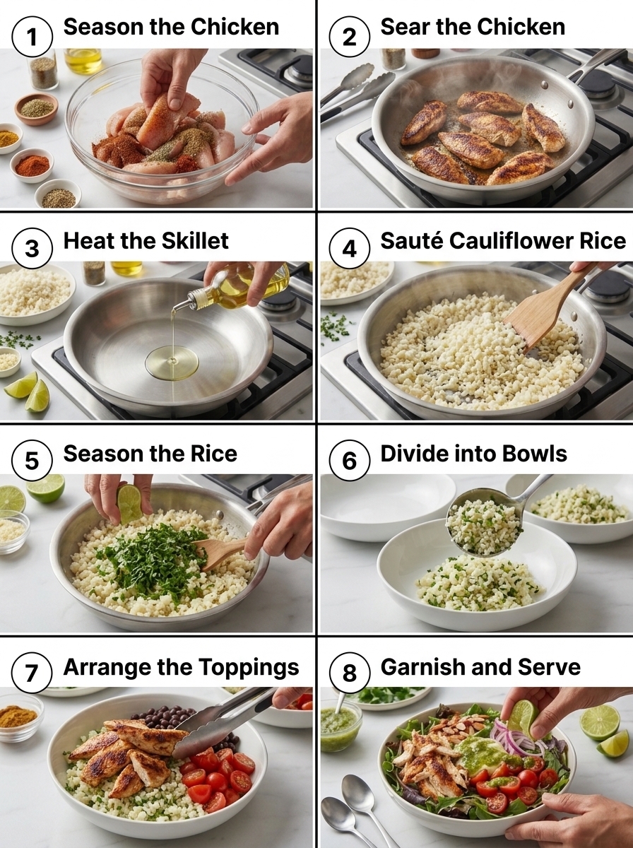 visual step by step cooking guide collage for low-carb zesty chicken cauliflower rice burrito bowl