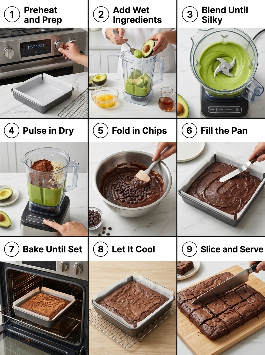 visual step by step cooking guide collage for rich fudgy dark chocolate avocado brownies
