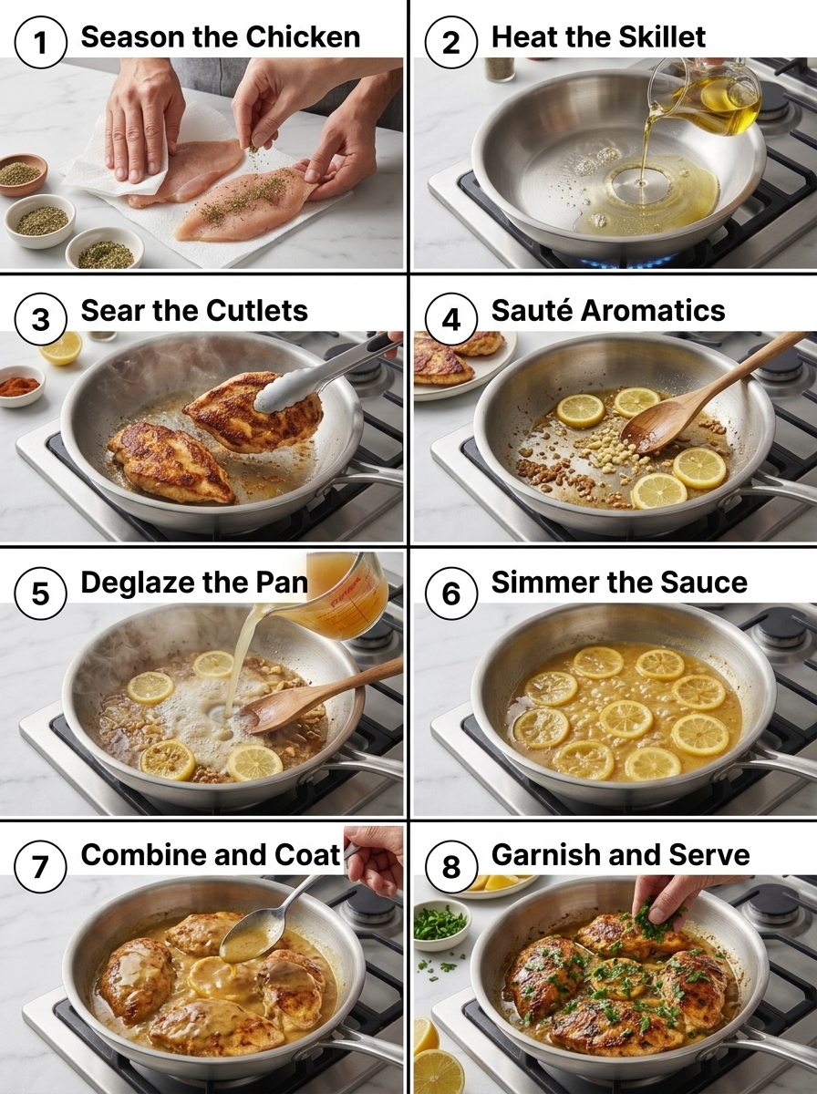 visual step by step cooking guide collage for Mediterranean lemon herb chicken skillet