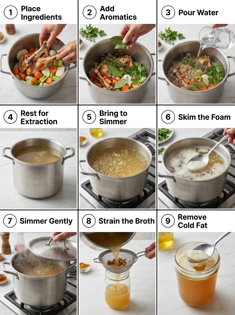 visual step by step cooking guide collage for making rich homemade chicken bone broth stock