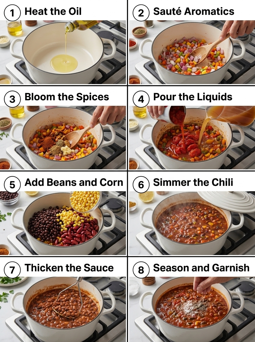 visual step by step cooking guide collage for hearty one-pot vegetarian black bean chili