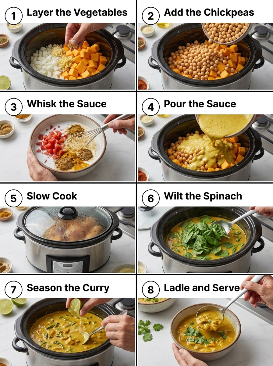 visual step by step cooking guide collage for healthy slow cooker butternut squash and chickpea curry