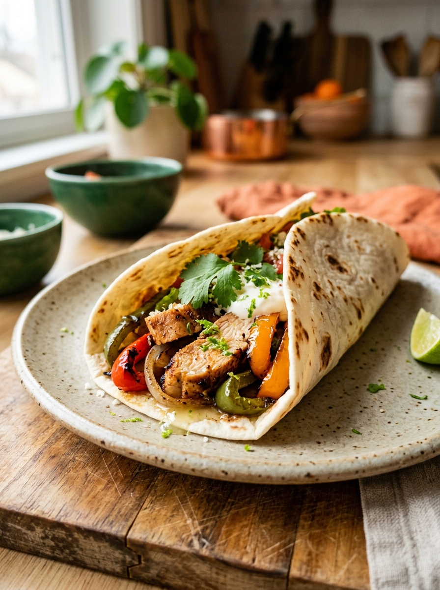 final plated meal of tender roasted chicken fajita strips and caramelized bell peppers served with fresh cilantro and lime wedges