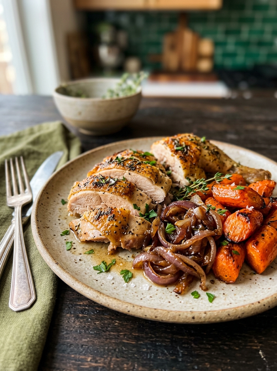 platter of carved juicy herb roast chicken slices served with roasted carrots and onions