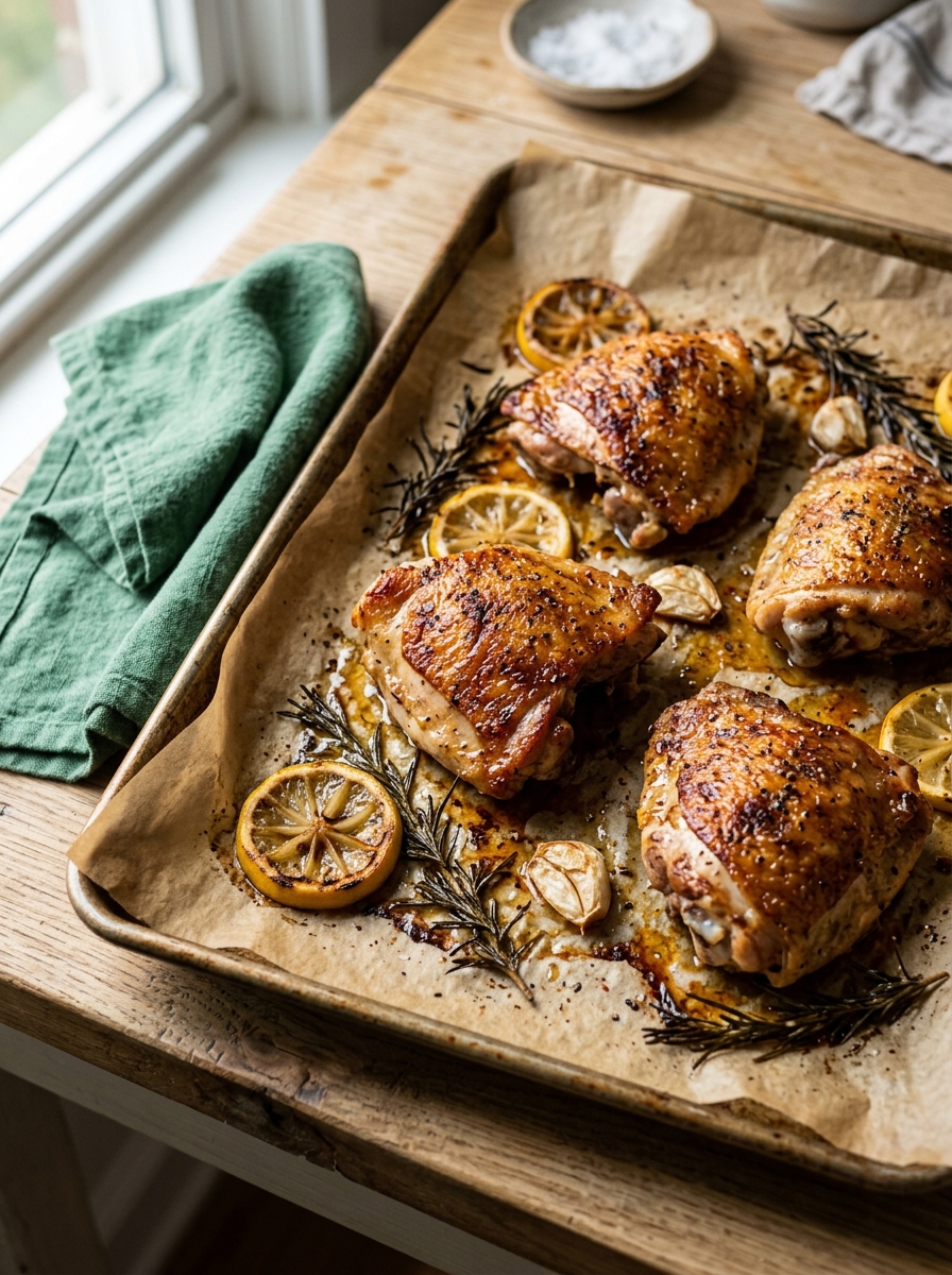 platter of golden crispy herb roasted chicken thighs served hot with roasted garlic and herbs