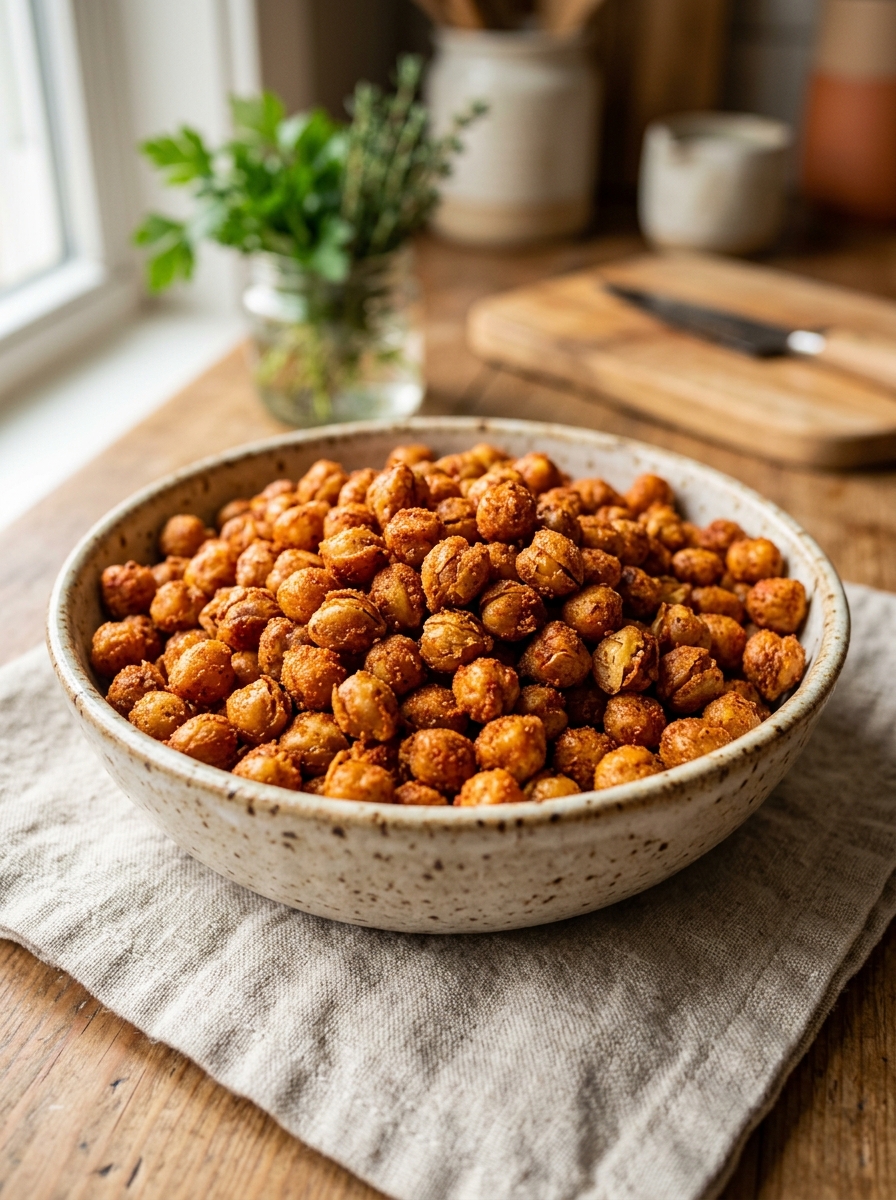 ceramic snack bowl overflowing with crunchy spiced roasted chickpeas ready to enjoy