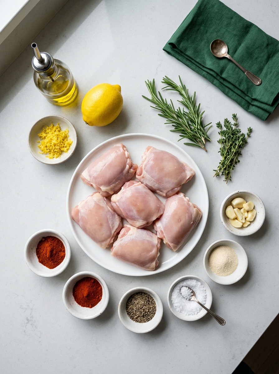 ingredients flat lay for herb roasted chicken thighs showing bone-in chicken thighs, fresh rosemary, thyme, garlic, lemon, and olive oil, chicken thigh recipes