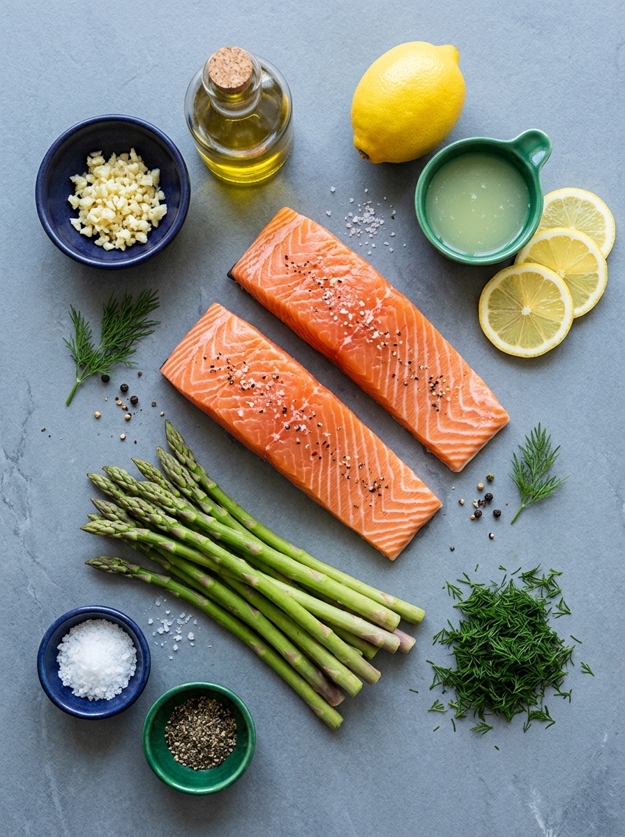 ingredients flat lay for baked salmon and asparagus showing wild salmon fillets, fresh asparagus bunch, lemons, extra virgin olive oil, minced garlic, sea salt, black pepper, and fresh dill