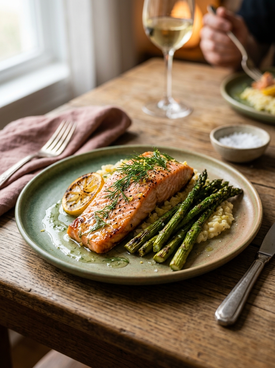 elegant dinner plate with perfectly baked flaky salmon fillet and tender crisp roasted asparagus