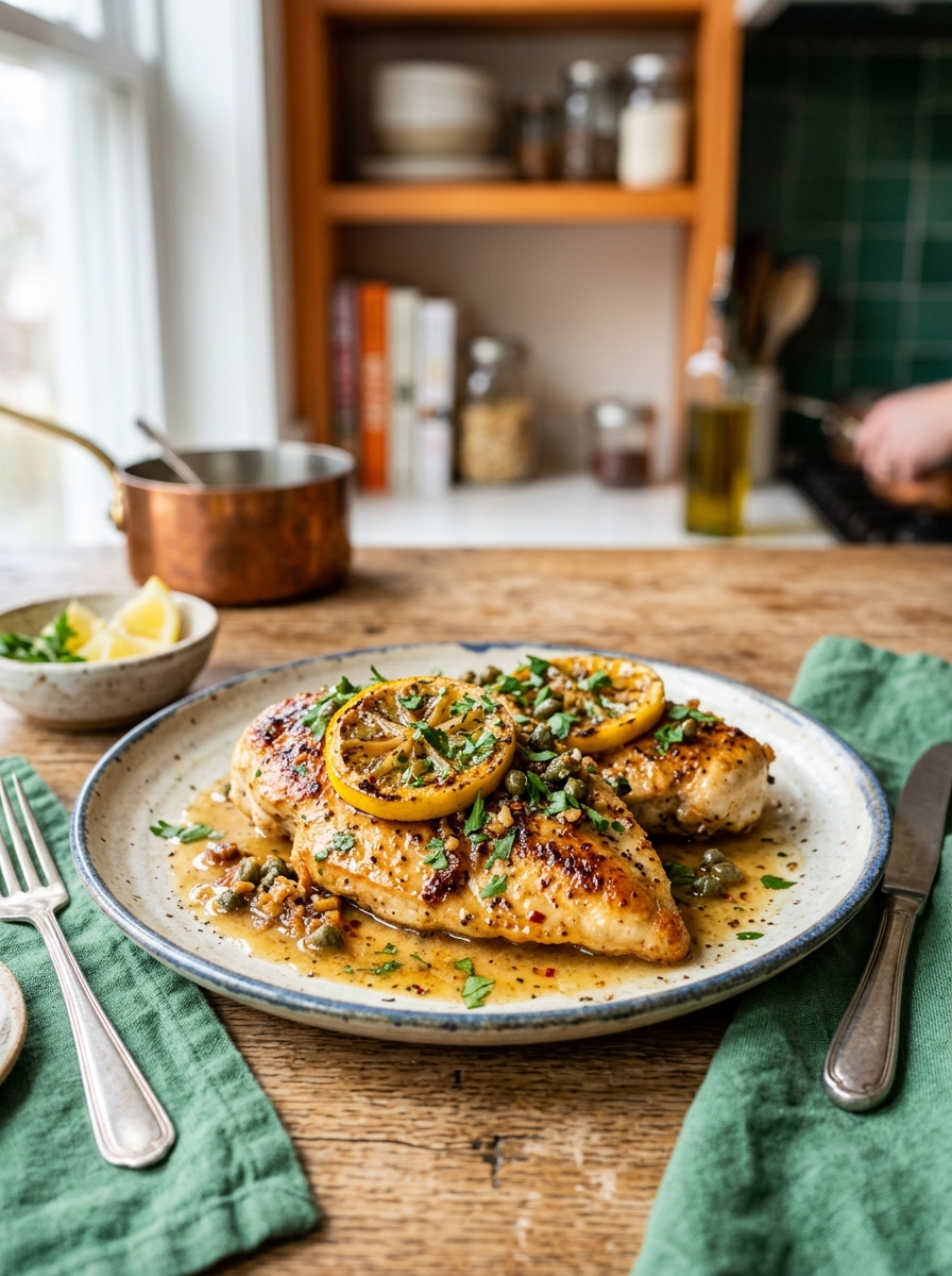 tender pan-seared lemon herb chicken cutlets plated with fresh lemon slices and aromatic oregano