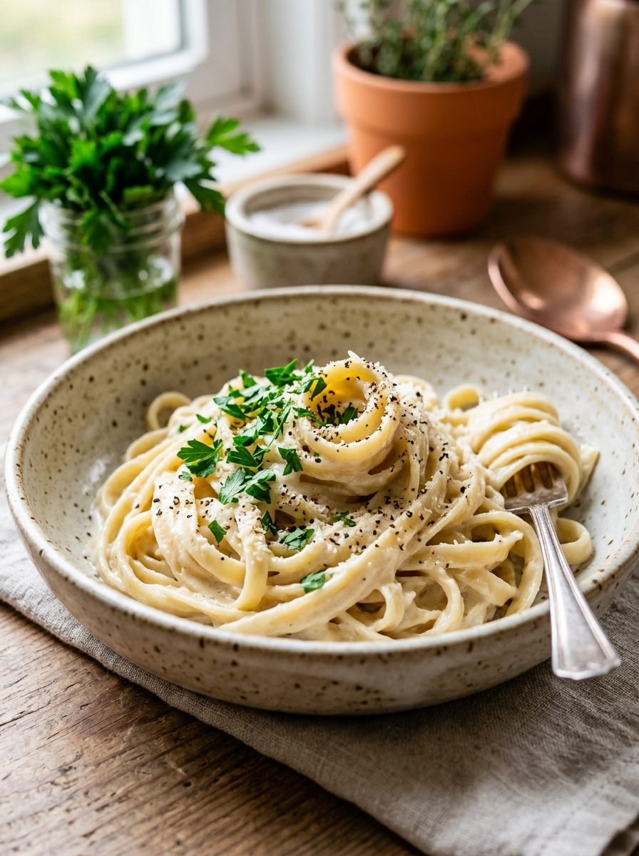 plated portion of creamy roasted garlic cauliflower Alfredo pasta garnished with freshly cracked black pepper and parsley