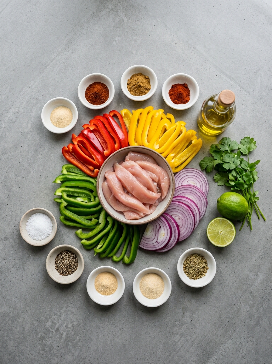 ingredients flat lay for sheet pan chicken fajitas showing sliced chicken breasts, bell peppers, red onions, fresh limes, chili powder, and cumin - low calorie meals