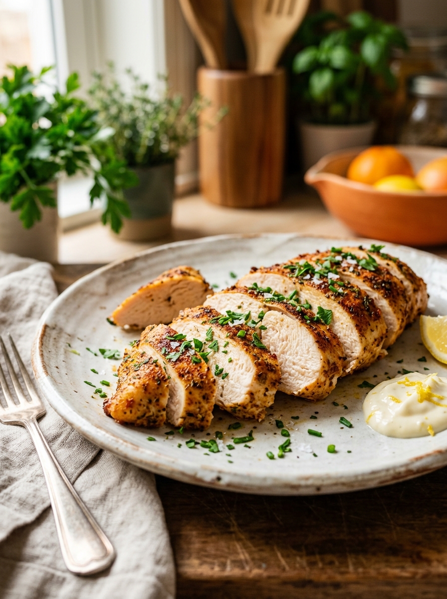 perfectly sliced juicy chicken breast served on a plate with fresh parsley and lemon wedges