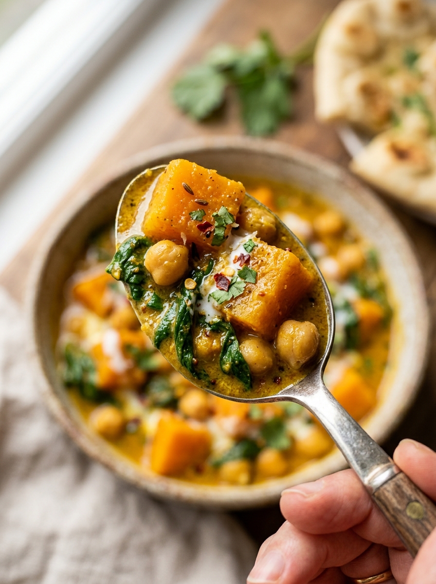 warm comforting bowl of creamy slow cooker butternut squash chickpea curry served with brown basmati rice
