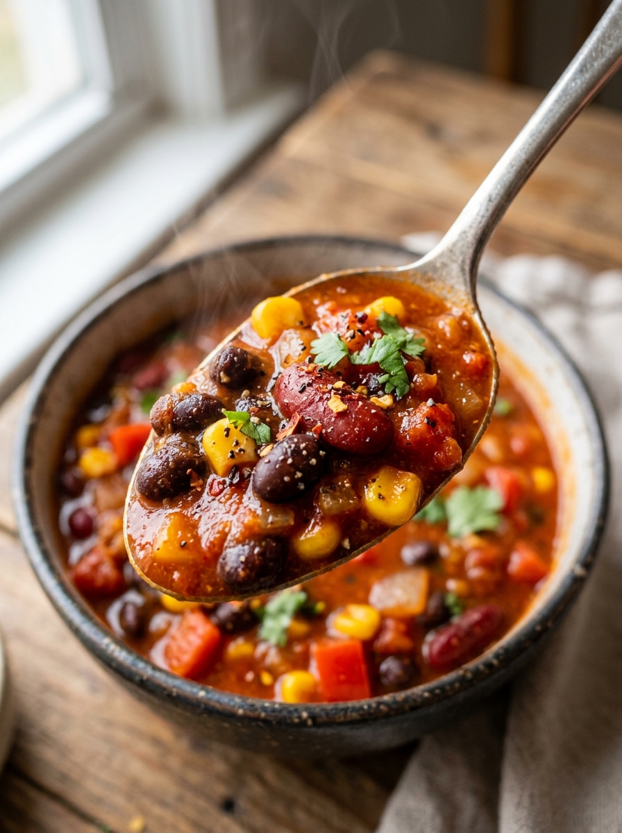 bowl of thick vegetarian black bean chili topped with diced avocado and cilantro
