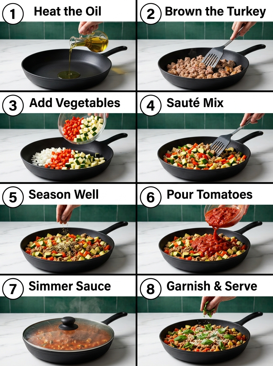 visual step by step cooking guide collage for 25-minute one-pan ground turkey and vegetable skillet