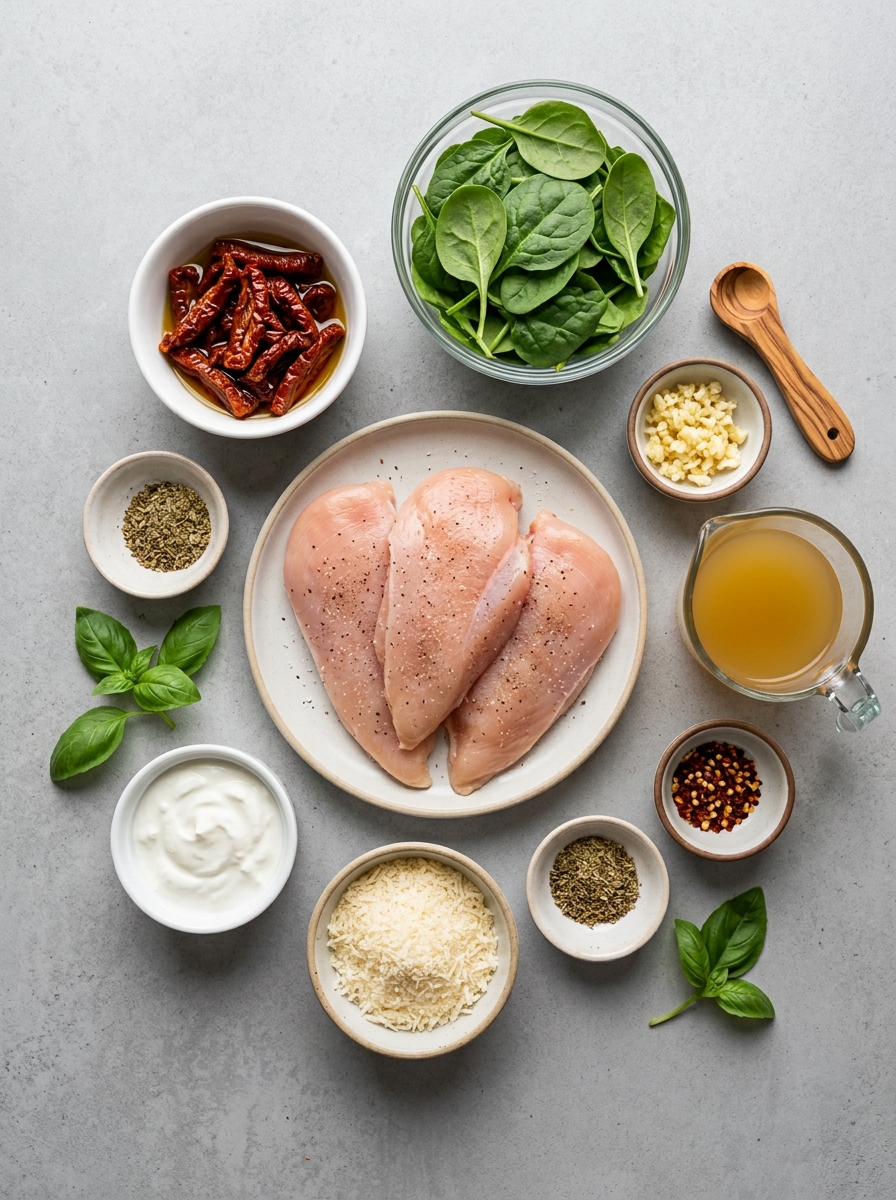 ingredients flat lay for creamy Tuscan chicken showing chicken cutlets, sun-dried tomatoes, baby spinach, garlic, unsweetened coconut milk, and basil