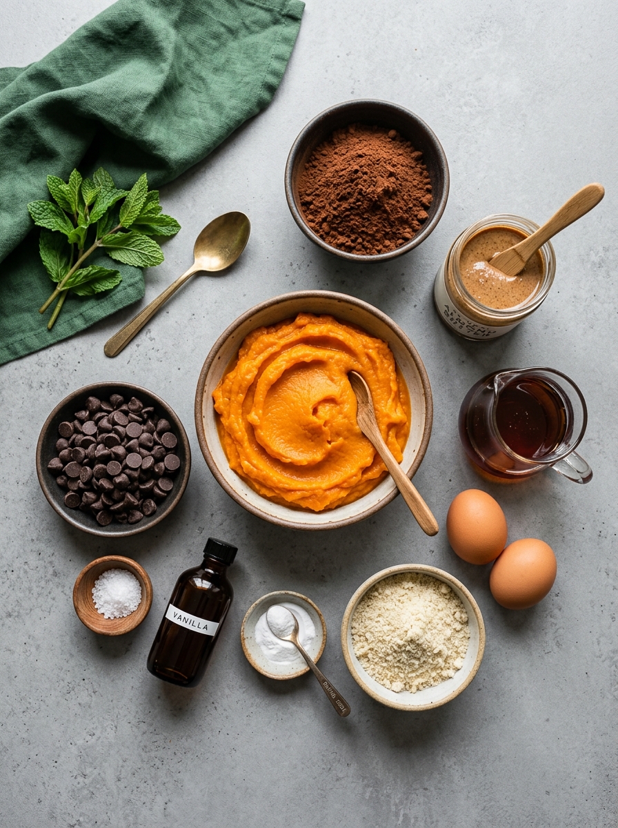 ingredients layout for healthy fudgy brownies showing sweet potatoes, cacao powder, almond butter, and maple syrup - brownie recipe